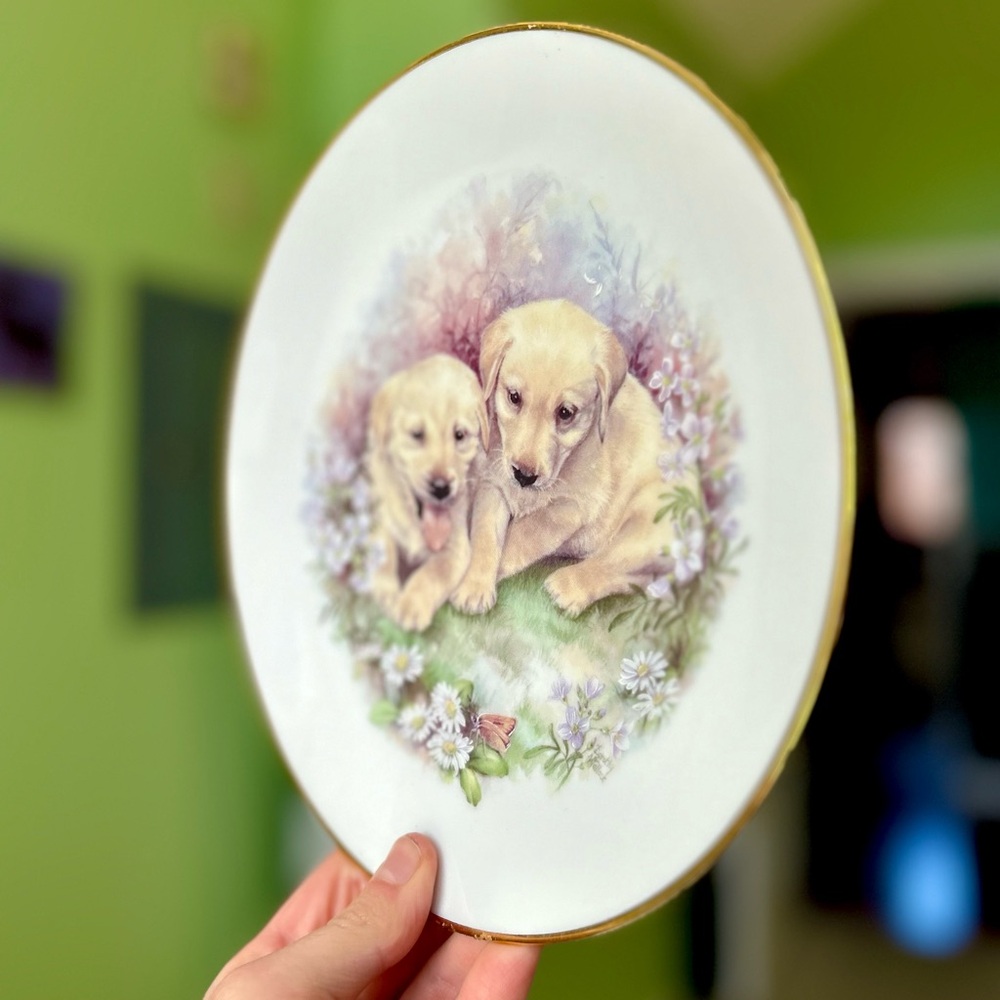 Vintage Yellow Lab Puppies Laying In Meadow Porcelain Plate Cottagecore Home Art - Picture 2 of 5
